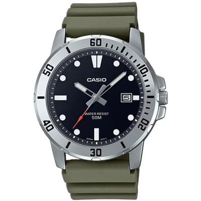 Casio waterdicht tot 50 meter, kwartsuurwerk, harsband, Japans en Koreaans horloge, herenhorloge, zwart wijzerplaat MTP-VD01-3EV zwart