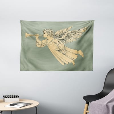 ABAKUHAUS Kerstwandtapijt, Vliegende Engelenkunst, Woonkamer Slaapkamer Wanddoek Zijdezacht Satijn Wandtapijt, 150 x 100 cm, Geel