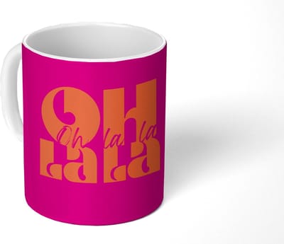 Mok - Koffiemok - Oh la la - Roze - Oranje - Gestapelde letters - Mokken - 350 ML - Beker - Koffiemokken - Theemok