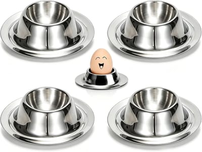 4 Stukken Eierdopje van Roestvrij Staal, Eierdop set, Rond, Stapelbaar, Geschikt voor Thuis, Keuken, Vaatwasser(Zilver)
