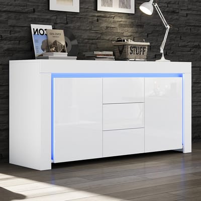 Pugsdrly 140*40*65 cm Woonkamermeubel, moderne ladekast met 3 lades, 2 deuren, breedte 140 cm, glanzend bijzetmeubel met led-lichtstrip, buffetkast met opbergruimte, geschikt voor gangen, woonkamers, kantoren, wit