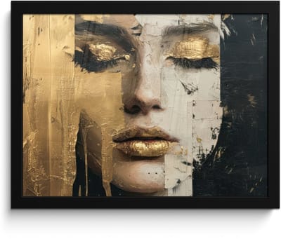 Poster in lijst - Fotolijst 40x30 cm - Posters - Abstract - Goud - Gezicht - Lippen - Posterlijst zwart - Decoratie - Wanddecoratie woonkamer - Muurdecoratie slaapkamer