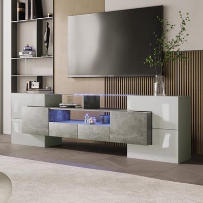 Wishdor - Tv-Meubel - Hoogglans Afwerking - Led-Verlichting Met Meerkleurige Standen - Glasoppervlak - Mdf - Grijs - 200 X 35 X 60 Cm