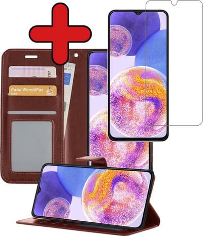 Hoesje - Met Screenprotector - Geschikt voor Samsung Galaxy A23 - Luxe Pasjeshouder - Flipcase - Bookcase Portemonee - Flip Case - Kunstleer Book Case - Book Cover - Walletcase - Portemonneehoes - Telefoonhoes - Bruin