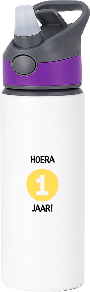 Hacebo® - Hoera 1 jaar waterfles met rietje paars - Verjaardag - Jarigen - verjaardagscadeau - baby - Happy birthday - water fles - 650ML