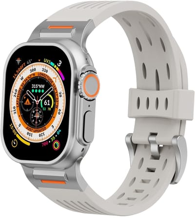 Stravo Robuust Mechanisch Siliconen Sportbandje met Ventilatiegaten – Geschikt voor Apple Watch 46mm (Series 11/10), 45mm (Series 7/8/9), 44mm (Series 4/5/6, SE 1/2/3), 49mm (Ultra 1/2/3) – Ademend Siliconen Horlogebandje – Starlight