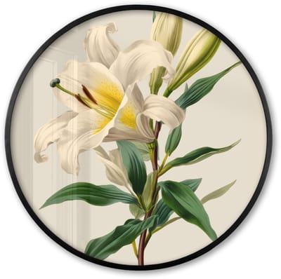 Poster in lijst Rond - Fotolijst 60x60 cm - Posters - Lelie - Elegant - Botanisch - Beige - Ronde posterlijst zwart - Decoratie - Wanddecoratie woonkamer - Muurdecoratie slaapkamer