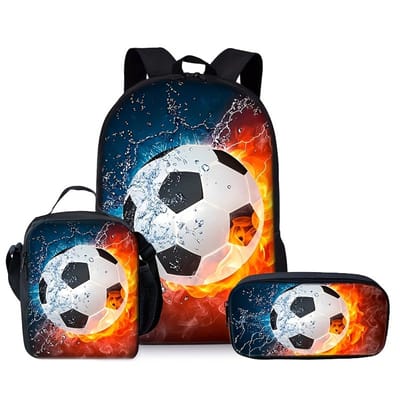 Voetbal Rugzak | Kinderen | Voetbalpatroon Rugzak | Rugtas, etui en lunchtas met mooie 3D geprinte details | 3-delige set jongens schooltassen | grote schooltas | 20 liter
