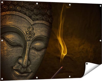 Gards Tuinposter Boeddha Beeld met Wierook - 120x80 cm - Tuindoek - Tuindecoratie - Wanddecoratie buiten - Tuinschilderij