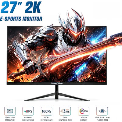 Great View Gaming Monitor 27" 2560x1440 IPS-scherm 100Hz Vernieuwingsfrequentie HDR10 3ms Responstijd Laag blauw licht en flikkervrij 300cd/m Gamingcomputer Uitbreidbaar scherm voor XBox PS4/5 Switch