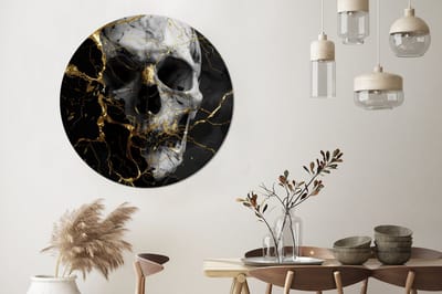 WallCircle - Wandcirkel - Muurcirkel - Goud - Abstract - Schedel - Eng - Dood - Aluminium - Dibond - 140x140 cm - Binnen en Buiten