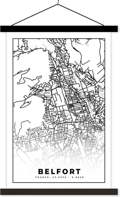 Posterhanger incl. Poster 40x60 cm - Schoolplaat - Stadskaart - Belfort - Plattegrond - Kaart - Frankrijk - Zwart wit - Textielposter - Zwarte latten - Stadskaart