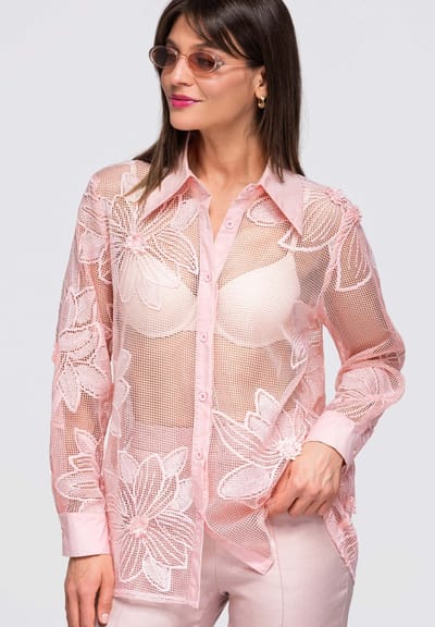 OMBRE Overhemd - Loose Fit - Katoen - Lange Mouw Roze S/M
