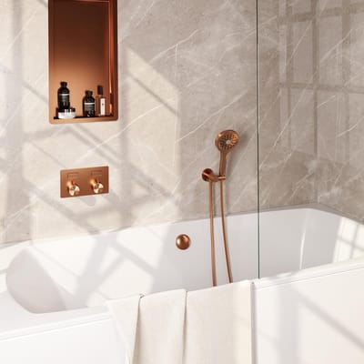 Brauer Copper Edition Thermostatische Inbouw Badkraan Drukknoppen - Badvulcombinatie - 3 stand - Doucheslang - Wandaansluitbocht - Handdouche - Koper Geborsteld Pvd