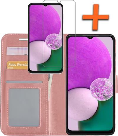 Hoes - Met Screenprotector - Geschikt voor Samsung Galaxy A13 4G - Luxe Pasjeshouder - Bookcase Portemonee - Flip Case - Kunstleer Book Case - Flipcase - Book Cover - Walletcase - PortemonneeHoes - Rosé goud