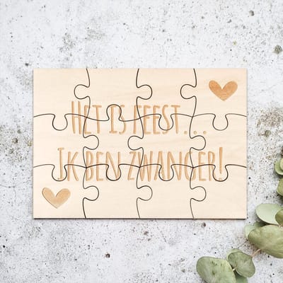 Het is feest... Ik ben zwanger! | Zwangerschapsaankondiging | Bekendmaking zwangerschap | Houten puzzel A5