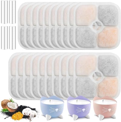 20 stuks kattenfonteinfilter, filter voor kattenfontein met hars en actieve kool, drinkfontein filter voor katten en honden, drievoudige reservefilters, kattenaccessoires, indoor met 4 pompslangen