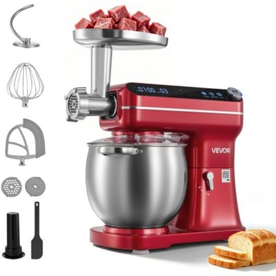 VEVOR Multifunctionele keukenmachine met kantelbare kop 7 liter 2-in-1 1000 W rood, mixer voor deeg, room, beslag en vlees, kneedmachine met mengkom, deeghaak, klopper en garde