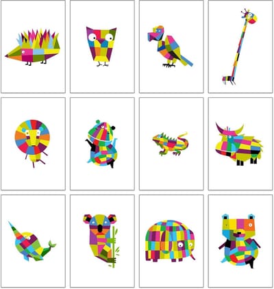 SnelShoppen - 12 Kleurrijke Dieren Wenskaarten Set voor Verjaardagen en Algemene Gelegenheden - Geometrische Motieven - Recycled Kraftpapier - Inclusi