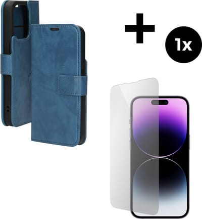 Mobiparts Classic Wallet hoesje geschikt voor Apple iPhone 14 Pro met 1 Screenprotector van Gehard Glas - Blauw