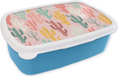 Broodtrommel Blauw - Lunchbox - Brooddoos - Cactus - Patronen - Roze - 18x12x6 cm - Kinderen - Jongen
