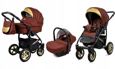BabyLux® Kinderwagen 3in1 – GOLDLUX - CHOCOLATE BLACK FRAME - Opklapbare Wandelwagen incl. Reiswieg, Multifunctionele Buggy Sportstoel, Autostoel - Combi-kinderwagen met Luiertas, Regenhoes, Klamboe, Bekerhouder, etc.
