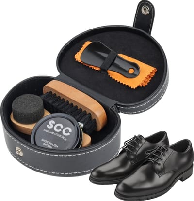 Schoenpoetsset Zwart - Schoenpoets Borstel Set - Incl. Schoensmeer / Ledervet , Schoenlepel, Uitpoetsborstel, Schoenborstel - Schoenverzorging Leer - Kerst, Sinterklaas, Verjaardag Cadeau