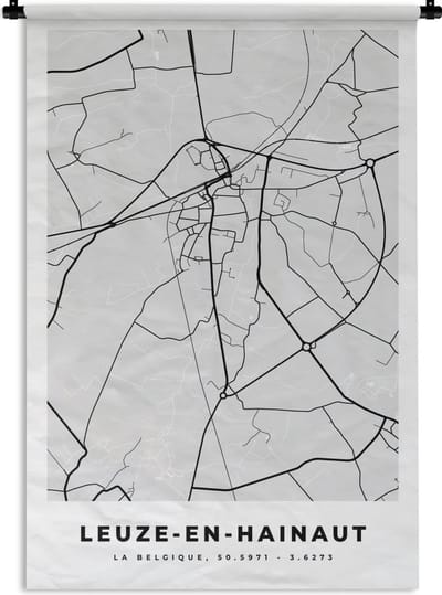 Wandkleed - Wanddoek - Plattegrond – Leuze en Hainaut – Zwart Wit – Stadskaart - Kaart - 120x180 cm - Wandtapijt