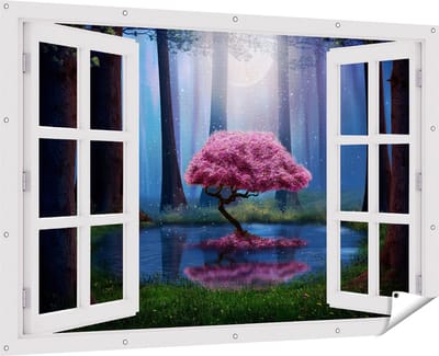 Gards Tuinposter Doorkijk Roze Boom op een Vijver in de Nacht - 180x120 cm - Tuindoek - Tuindecoratie - Wanddecoratie buiten - Tuinschilderij