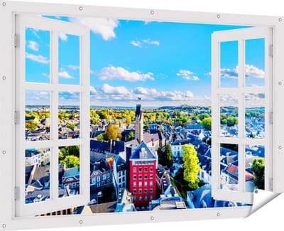Gards Tuinposter Doorkijk Maastricht Stad met Huizen - 180x120 cm - Tuindoek - Tuindecoratie - Wanddecoratie buiten - Tuinschilderij