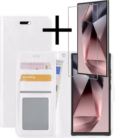 Hoesje - Met Screenprotector - Geschikt voor Samsung Galaxy S24 Ultra - Luxe Pasjeshouder - Bookcase Portemonee - Flip Case - Kunstleer Book Case - Flipcase - Book Cover - Walletcase - Portemonneehoes - Wit