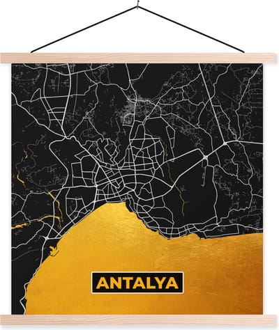 Posterhanger incl. Poster 40x40 cm - Schoolplaat - Antalya - Goud - Plattegrond - Stadskaart - Kaart - Textielposter - Blanke latten - Stadskaart