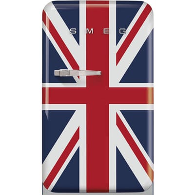 SMEG Koelkast Retro Vrijstaande ijskast Koelkast, Jaren 50, Enkeldeurs, Vrijstaand , Positie scharnier: Rechts, Gedecoreerd/ Speciaal, Union Jack