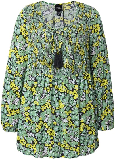 Ulla Popken - Dames - Gerimpelde blouse bloemen A-lijn ronde hals lange mouwen - Appelgroen - Maat 58+
