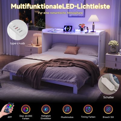 Kastbed 140 x 200 cm - met laden - met USB en stopcontact - LED-verlichting - met hoogglanspanelen - zonder matras - wit