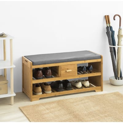 SoBuy FSR75-N Schoenenbank - Solid Wood Opbergbank met Zitkussen & 3 Manden