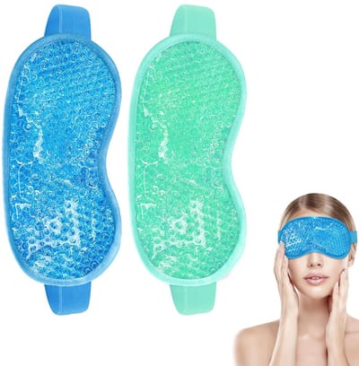 2 gel oogmaskers - 20×11cm - Dubbel gebruik (koud en warm kompres) - Klittenband - Herbruikbaar - Zachte achterkant - Verlicht effectief wallen, migraine, stress en droogheid rond de ogen - Blauw, Groen