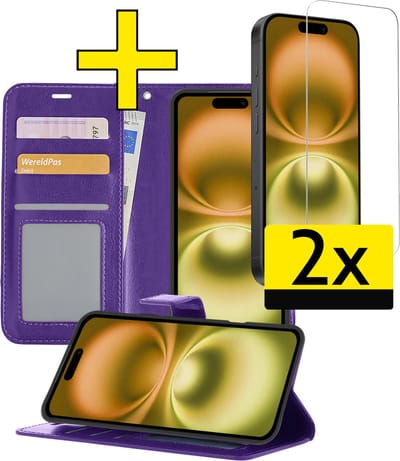 Hoesje - Met 2x Screenprotector - Geschikt voor Apple iPhone 16 - Luxe Pasjeshouder - Bookcase Portemonee - Flip Case - Kunstleer Book Case - Flipcase Hoes - Book Cover - Walletcase - Portemonneehoes - Telefoonhoesjes - Paars