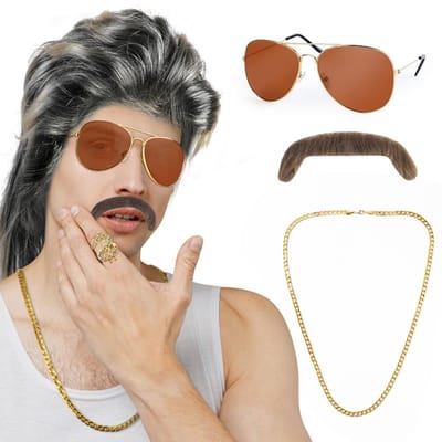 Aomig Herenpruikenset, Heren Hippie Fancy Dress Pruiken, 5-delige Disco Pruikenset voor Mannen met Brillen Ketting Baard Ring, 80s Outfit Herenpruikenset, Herenpruik Accessoires voor Halloween