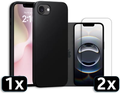 Casemania Hoesje en Glas Geschikt voor Apple iPhone 16e - Zwart - Siliconen Back Cover - 2x Glazen Screenprotector