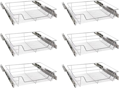 Eleganca draadmand met zijgeleider en Soft Closing - Keukenkast schuiflade – B51.5 x H14x D44.5 cm – Uitschuifbaar keukenrek – Inbouwlade – Maximale belastbaarheid 20kg – RVS – Zilver - 6 Stuks