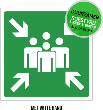 Pictogram/ bord Dibond | Verzamelplaats evacuatie | 30 x 30 cm | Met witte rand | Verzamelpunt | Brand | Noodgeval | Calamiteit | Noodsituatie | Duurzaam | Roestvrij | Brandweer | 1 stuk