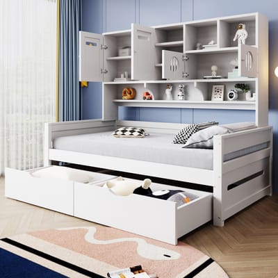 DESMIU Bed 90 x 200 cm - Multifunctioneel Slaapbankbed Met Grote Opbergruimte En Lades - Voor Jeugd En Kleine Ruimtes - Hout - Wit Zonder Matras