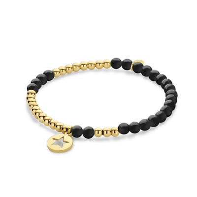 CO88 Collection 8CB-91272 Kralen Armband Staal en Onyx met Hangertje - Ster - 10mm Doorsnee - 4 en 3,5mm - Rekbaar - 17,8cm - Goudkleurig;Zwart