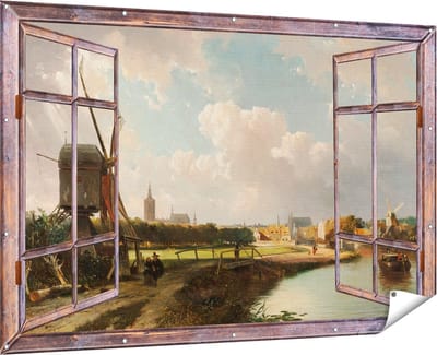 Gards Tuinposter Doorkijk Gezicht op Den Haag vanaf de Delftse Vaart in de Zeventiende Eeuw - Cornelis Springer - 180x120 cm - Tuindoek - Tuindecoratie - Wanddecoratie buiten - Tuinschilderij