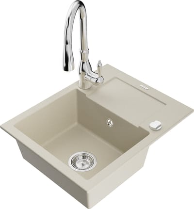 Mexen Enzo granieten gootsteen met 1 bak en afdruiprek en Savita keukenmengkraan, beige - 6506-69-672601-00