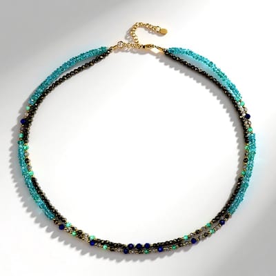 Cavill - 925 Sterling Zilver Halsketting Verguld - Gouden Hematiet 8 55 ct & Blauwe Apatiet 48 98 ct - Luxe Meerlaagse Stijl