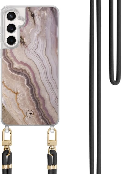 Telefoonhoesje met koord geschikt voor Samsung S24 FE - Blush marble - Inclusief Zwart koord - Transparant, Multi - Marmer - Crossbody beschermhoes - Met Telefoonketting