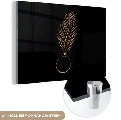 MuchoWow® Glasschilderij 60x40 cm - Schilderij acrylglas - Pot - Plant - Gold - Line art - Foto op glas - Schilderijen