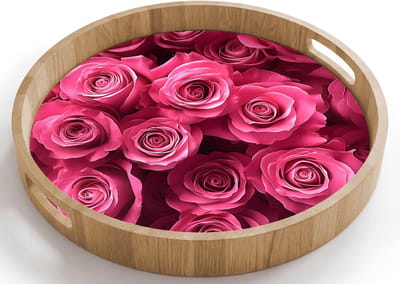 Dienblad rond 40x40 cm - Schootdienblad hout - Rozen - Pink - Bloem - Borrelplank rechthoek - Plateau houten dienbladen